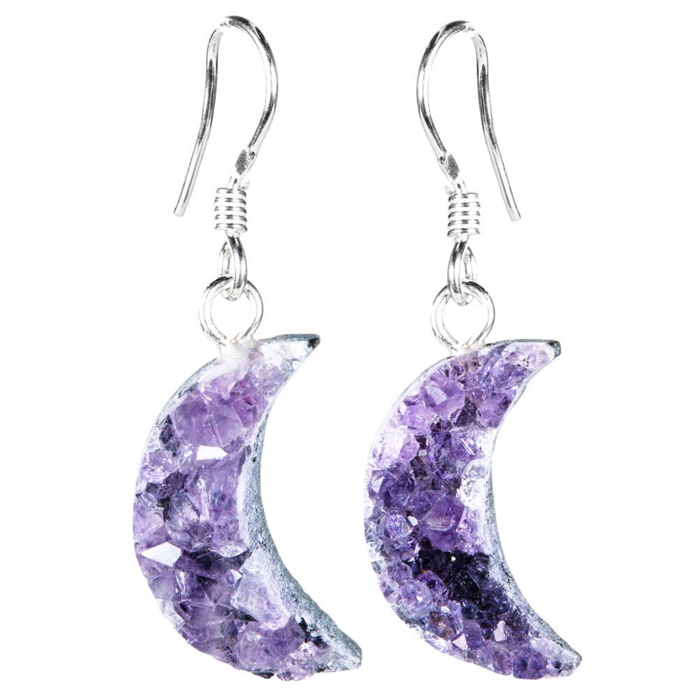 STERLING SILVER AND AMETHYST DRUZY SMALL MOON EARRINGS