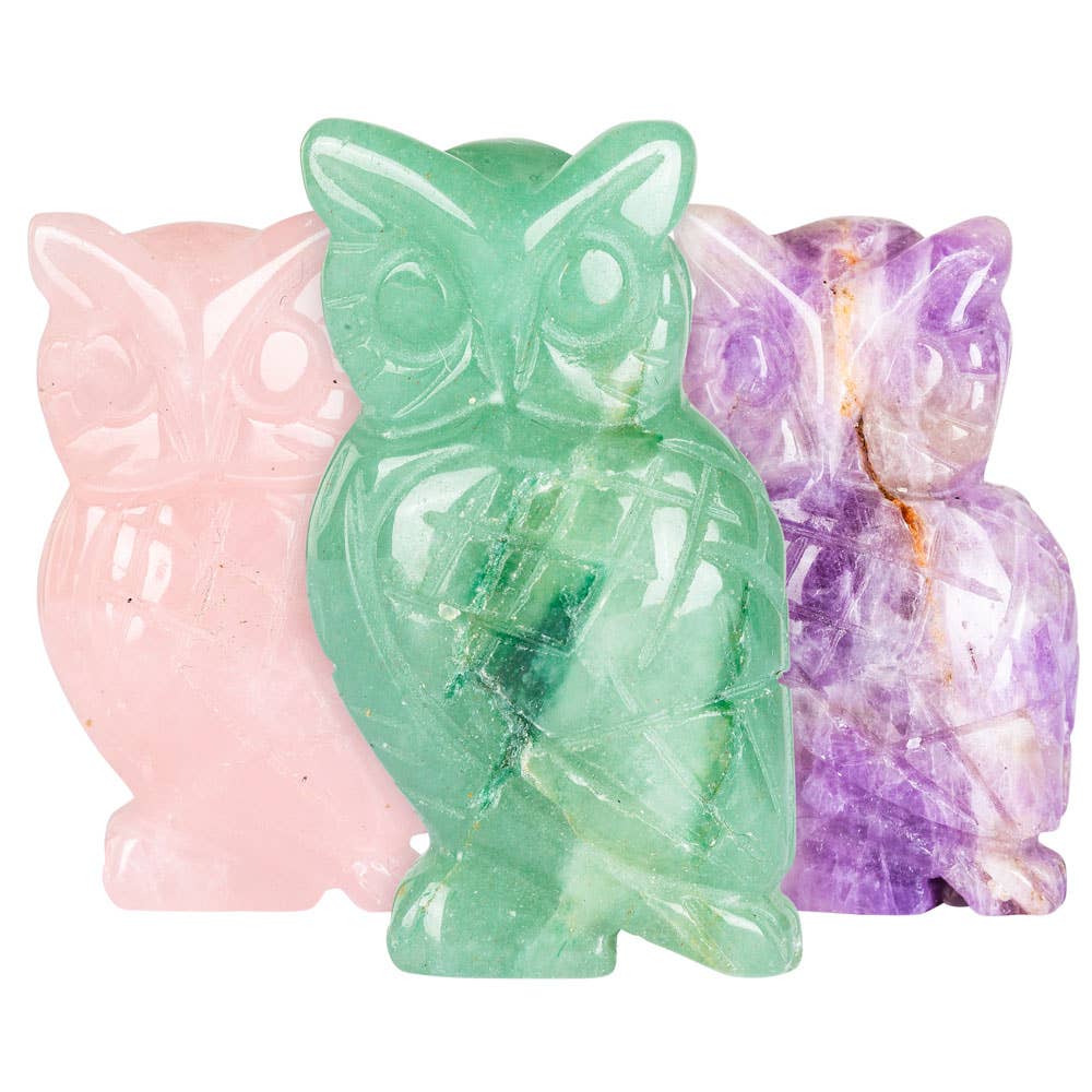 CARVED GEMSTONE OWLS: GREEN AVENTURINE