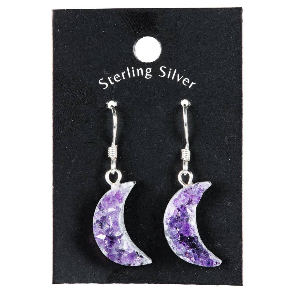STERLING SILVER AND AMETHYST DRUZY SMALL MOON EARRINGS
