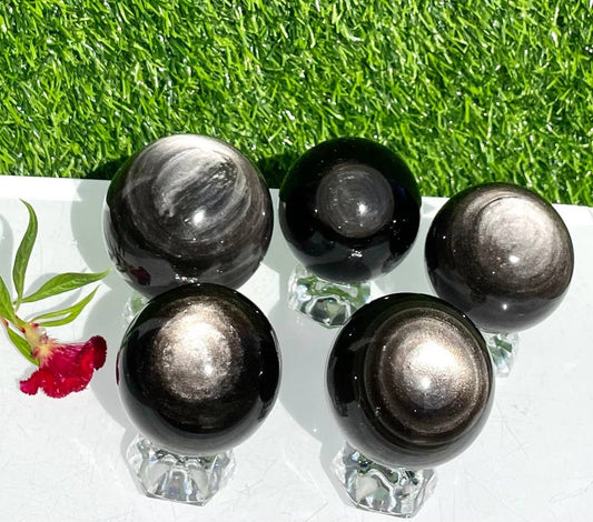 4   to 6 pcs Natural Silver Sheen Obsidian Spheres: Without stands